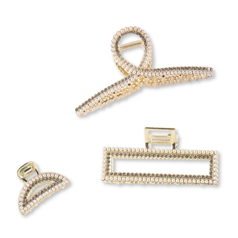 Set of 3 Rhinestone, Gold, and Pearl Hair Clips - NWT